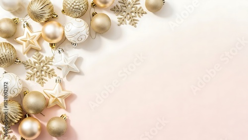 Elegant Gold and White Christmas Ornaments with Snowflakes on Light Pink Background