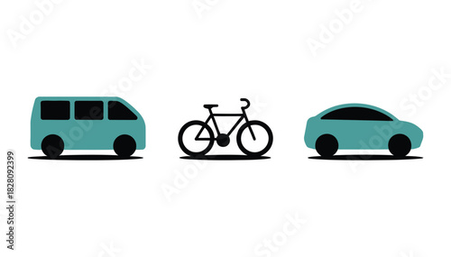 A van, bicycle, and car are displayed side by side on a white background.