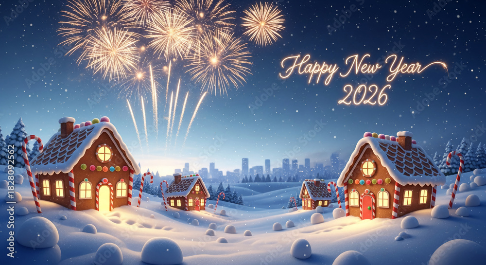 Naklejka premium Festive scene with gingerbread house, candy cane, snow, and fireworks on a blue night background, representing New Year 2026 and holiday spirit