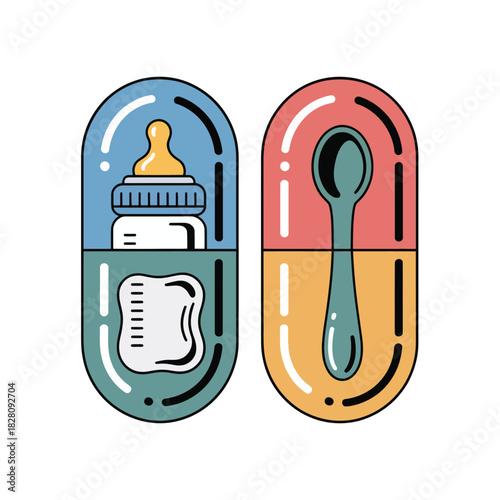 Two capsules contain a baby bottle and a spoon, symbolizing nourishment.