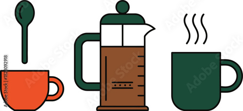 A French press with coffee, a cup, and a spoon are ready for breakfast.