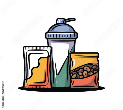 A collection of fitness supplements including a shaker bottle, protein powder packet, and nuts.