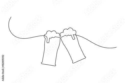 Continuous one line art illustration of two clinking beer mugs with frothy foam, celebration