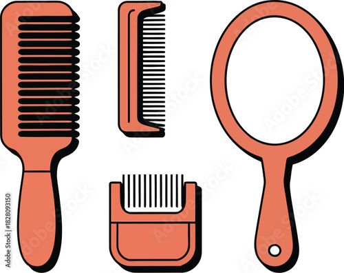 A collection of hair grooming tools, including combs and a hand mirror, are arranged against a white background.