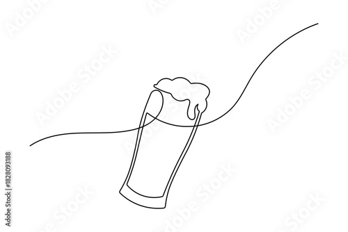 Continuous one line drawing of a glass of beer with frothy foam, minimalist art style 