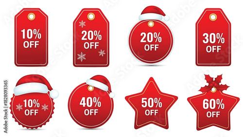 Set of red holiday sale labels and price tags showing various discounts for Christmas shopping promotions