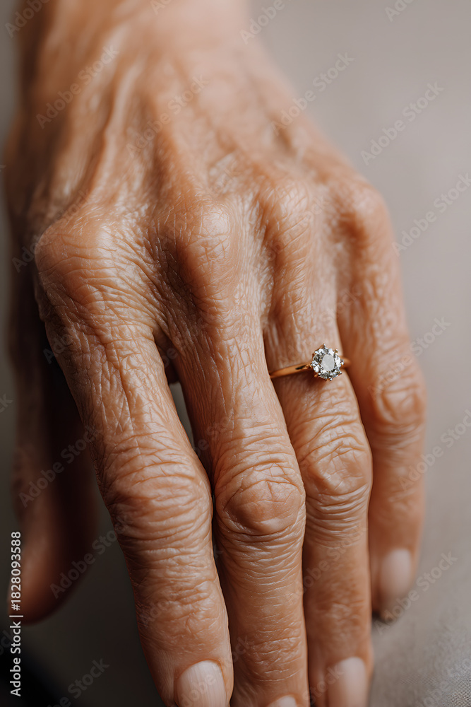 Fototapeta premium Elegant Legacy: An aged hand gracefully showcases a delicate, sparkling ring, whispering tales of enduring love, commitment, and the passage of time.