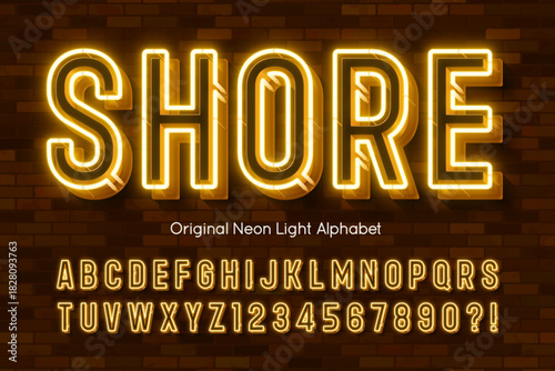 Retro bright light alphabet design, cabaret, neon Broadway lamps letters and numbers.