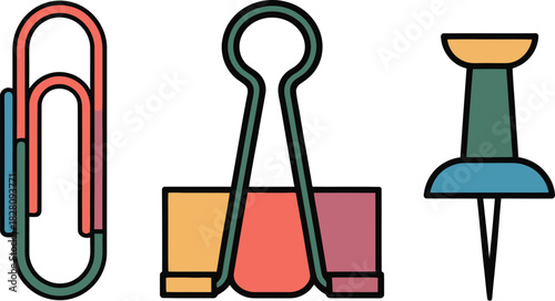 A close-up view of a paperclip, a binder clip, and a thumbtack.