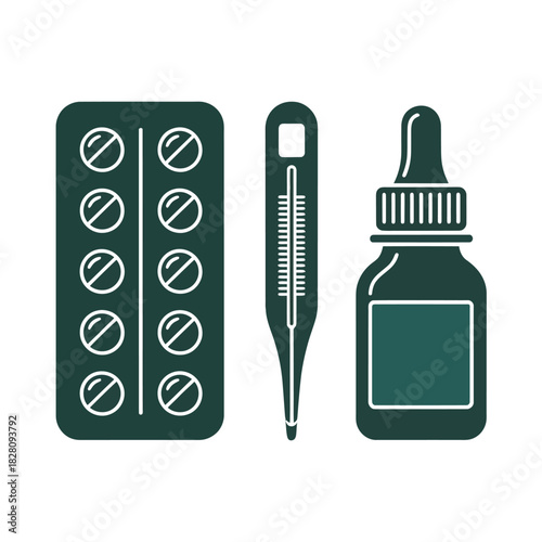 Medical supplies including pills, a thermometer, and liquid medicine are displayed.