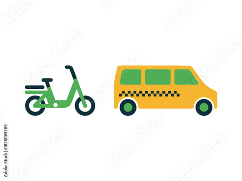 A green electric scooter and a yellow taxi van are displayed side by side.
