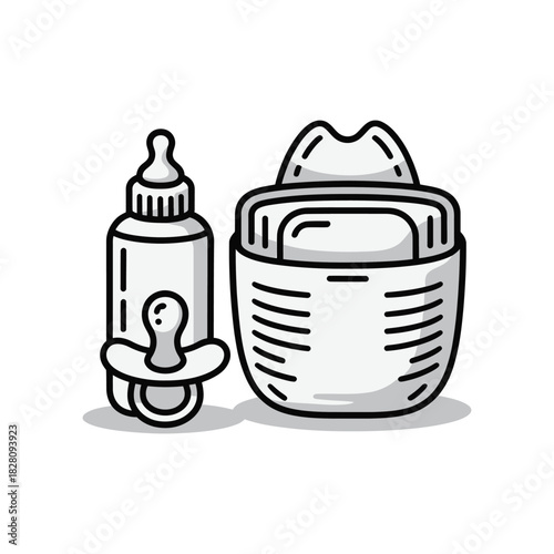 A baby bottle and pacifier sit next to a diaper changing station.