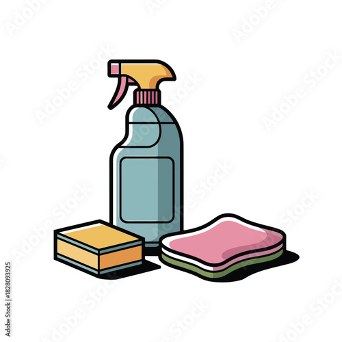 A cleaning spray bottle with two sponges for household chores.