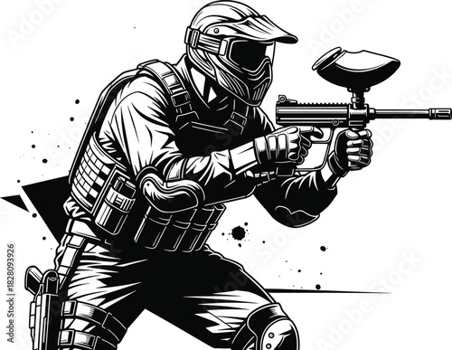 Black and white illustration of a paintball player aiming gun paintball, player, gun, aiming, action, sport, game, mask, helmet, tactical, gear, uniform, black and white, illustration, graphic, silhou