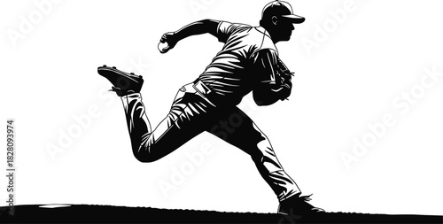 Black and white silhouette of a baseball pitcher throwing a ball baseball, pitcher, throwing, ball, sport, action, motion, silhouette, black and white, graphic, illustration, athlete, game, competitio