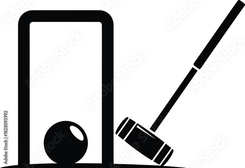 Black croquet wicket with ball and mallet icon game croquet, wicket, ball, mallet, game, sport, outdoor, recreation, leisure, competition, play, hobby, equipment, black and white, graphic, icon, symbo