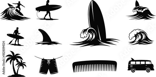 Black silhouette icons of surfing and beach elements surfing, wave, surfboard, surfer, paddleboard, shark fin, palm trees, shorts, comb, van, beach, ocean, water, sport, summer, travel, vacation, silh