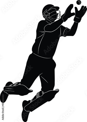 Black silhouette of a cricket player catching a ball cricket, player, silhouette, black, white, ball, catching, gloves, helmet, pads, sport, action, game, athlete, jumping, dynamic, motion, uniform, e