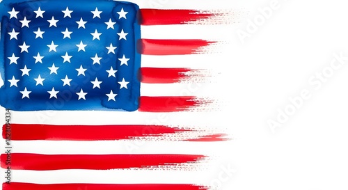 Watercolor painting of the american flag with brush strokes, featuring a blue field with white stars and red stripes, isolated on white background
