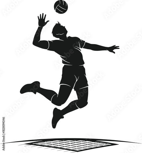 Black silhouette of a male volleyball player spiking ball volleyball, sport, player, male, silhouette, black and white, action, jump, spike, ball, net, athletic, game, competition, dynamic, movement, 