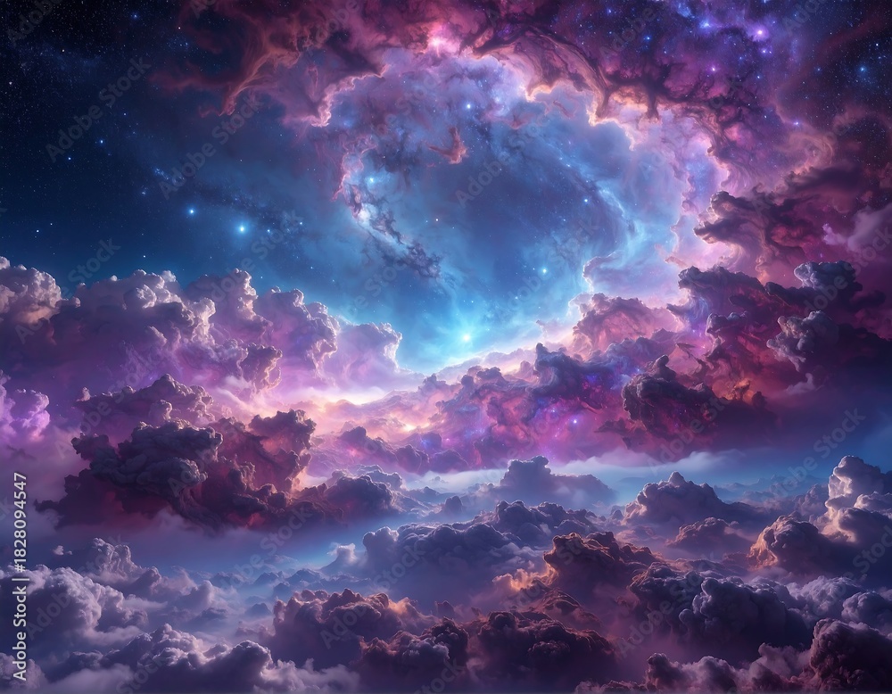 Fototapeta premium Dreamy sky scene; colorful clouds swirl around bright celestial center, dotted with stars in deep, night sky backdrop