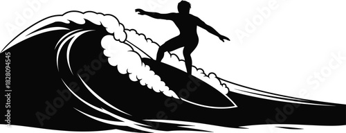Black silhouette of a surfer riding a large wave surfing surfing, surfer, wave, ocean, sea, water, sport, extreme sport, silhouette, black and white, action, motion, dynamic, energy, power, adventure,