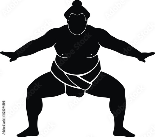 Black silhouette of a sumo wrestler in a low stance sumo wrestler, silhouette, black and white, japanese wrestling, martial arts, sport, athlete, fighter, strong, powerful, traditional, uniform, mawas