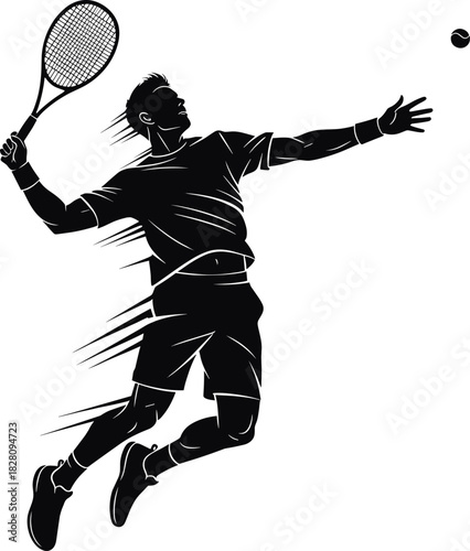 Black silhouette of male tennis player serving ball tennis, tennis player, silhouette, black and white, sport, athlete, male, serving, action, jumping, racket, ball, motion, dynamic, energetic, athlet