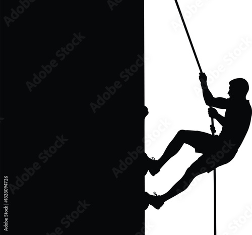 Black silhouette of man rappelling down rock face climbing man, silhouette, rappelling, climbing, rock climbing, extreme sport, adventure, outdoor, activity, sport, athletic, male, person, action, mov