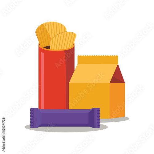 A colorful assortment of snacks including potato chips, a candy bar, and a small paper bag is presented.