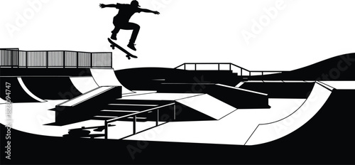 Black silhouette of skateboarder jumping in skatepark skateboarder, silhouette, skatepark, jumping, trick, extreme sport, action, dynamic, motion, sports, recreation, outdoor, urban, lifestyle, youth,
