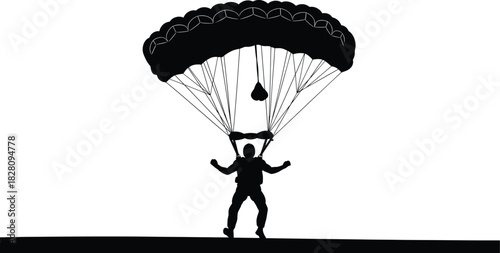 Black silhouette of skydiver descending with parachute skydiver, parachute, skydiving, parachute jump, silhouette, black and white, descent, falling, extreme sport, adventure, aerial, airborne, freefa