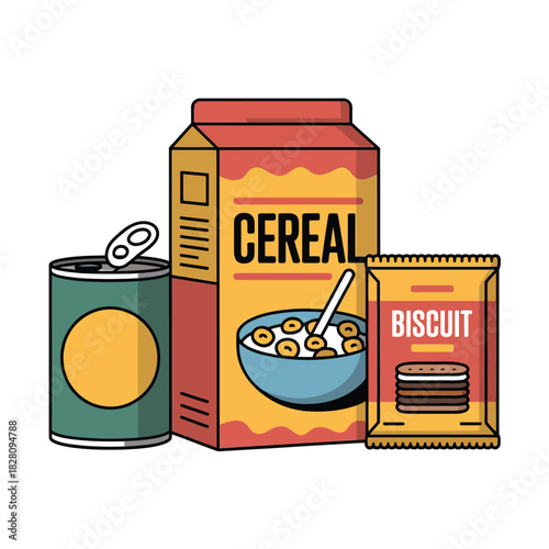 A selection of packaged food items including cereal, biscuits, and canned goods.