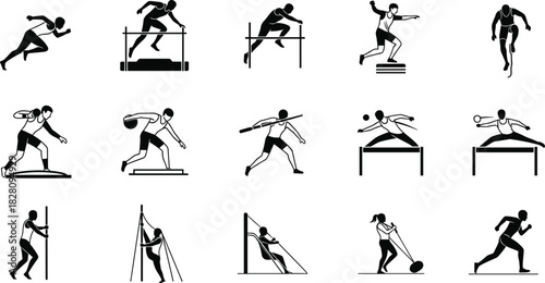 Collection of black and white athletic sport icons running, jumping, discus throw, javelin throw, shot put, pole vault, hurdles, track and field, athlete, sports, competition, action, silhouette, pict