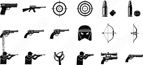 Collection of black weapon and target icons pistol gun, pistol, rifle, revolver, handgun, shotgun, bow, arrow, slingshot, bullet, ammunition, target, shooting, aim, silhouette, weapon, firearm, combat