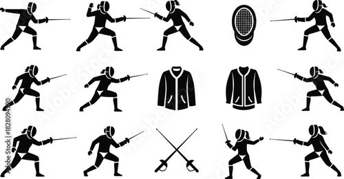 Fencing sport icons and equipment silhouettes fencer fencing, fencer, sport, athlete, sword, foil, epee, saber, mask, jacket, competition, action, movement, silhouette, black, white, graphic, icon, il