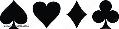 Four black playing card suits on white background spade spade, heart, diamond, club, playing card, suit, symbol, black, white, isolated, graphic, game, casino, gambling, card game, luck, chance, win, 
