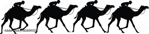 Four black camel silhouettes with riders in motion camel, rider, silhouette, black, white background, motion, running, racing, desert, animal, mammal, transportation, journey, travel, expedition, cara