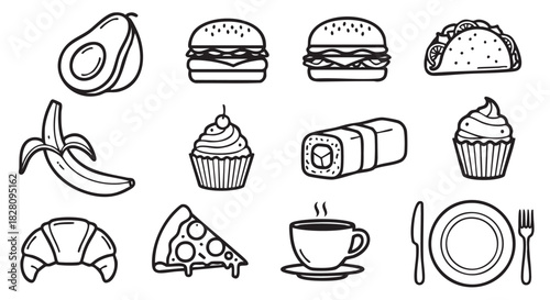 Collection of food icons black and white outline vector art