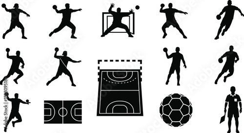 Handball players and court icons black silhouettes handball, sport, player, athlete, silhouette, black, white, action, throwing, jumping, running, goal, goalkeeper, court, field, ball, referee, icon, 