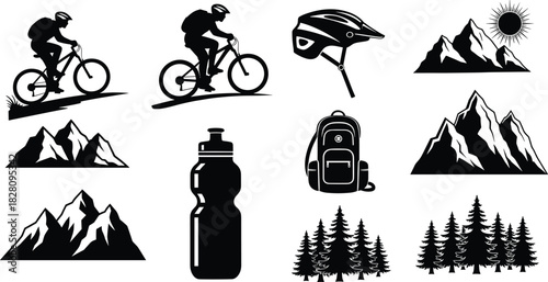Mountain biking icons and elements silhouette collection mountain biking, silhouette, icons, elements, backpack, helmet, water bottle, mountains, sun, trees, pine trees, forest, outdoor activity, spor