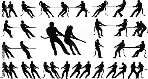 Multiple black silhouettes of people playing tug of war tug of war, rope, pulling, competition, sport, team, strength, effort, struggle, power, contest, game, action, silhouette, black and white, grou