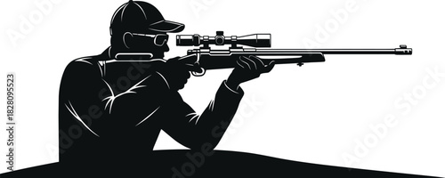 Silhouette of a person aiming a rifle with a scope silhouette, person, rifle, scope, aiming, shooting, sport, hunting, target, precision, focus, weapon, firearm, gun, marksman, sniper, cap, sunglasses