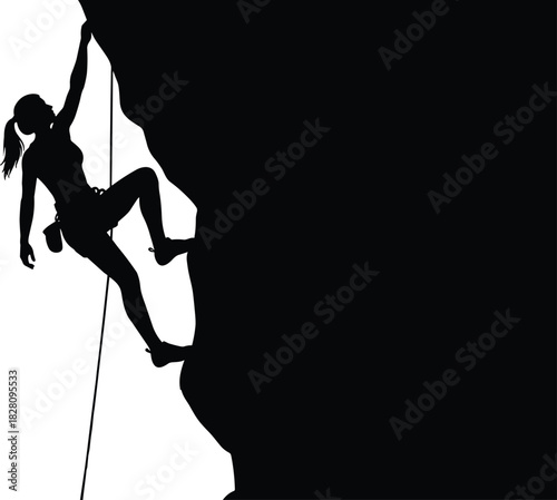 Silhouette of a woman rock climbing a steep cliff face rock climbing, silhouette, woman, female, climber, climbing, rock, cliff, mountain, outdoor, sport, activity, extreme, adventure, challenge, stre