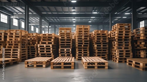 Wide view inside a large, empty modern warehouse with stacks of wooden shipping pallets ready for use. Logistics, storage, and distribution concept.
