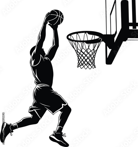 Silhouette of basketball player dunking over white background basketball, player, silhouette, dunk, slam dunk, sport, game, action, athletic, athlete, jump, hoop, net, basket, scoring, competition, mo
