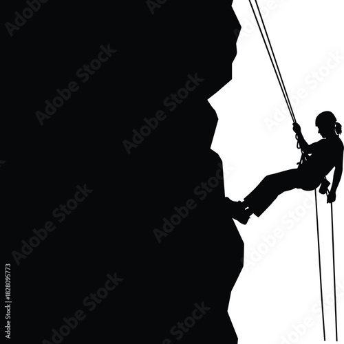 Silhouette of woman rappelling down a black rock face silhouette, woman, rappelling, rock climbing, climbing, adventure, extreme sport, outdoor, activity, sport, recreation, descent, rope, harness, he