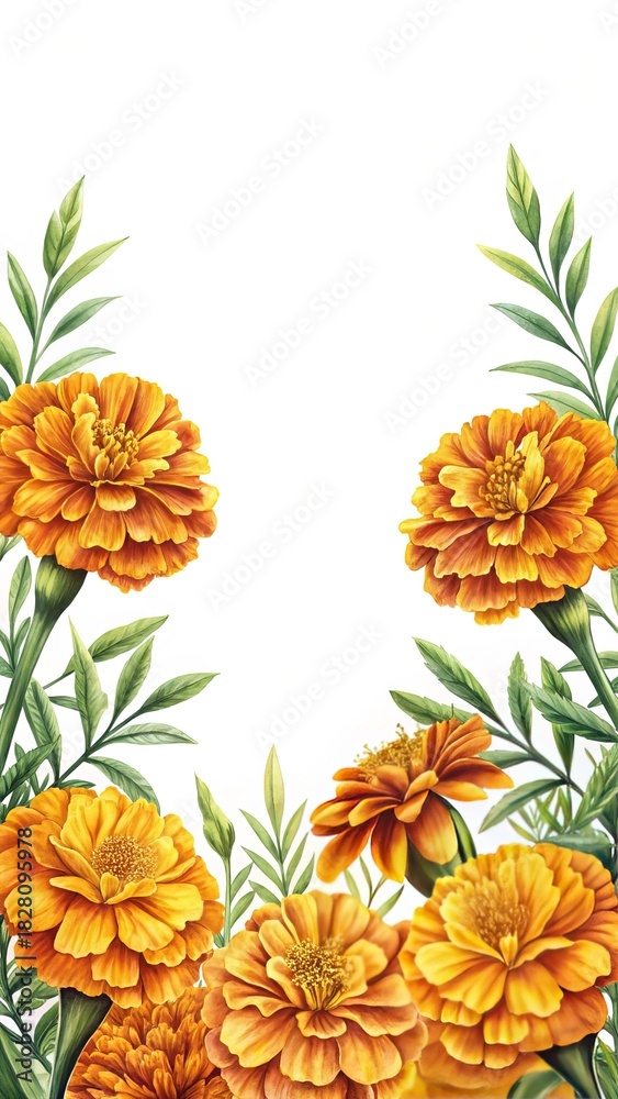 Obraz premium Elegant watercolor painting of vibrant orange marigolds with lush green leaves