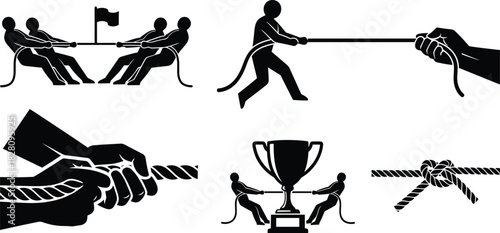 Tug of war competition icons and rope knot sport game, tug of war, competition, sport, game, team, strength, power, struggle, effort, victory, trophy, flag, rope, knot, hands, pulling, action, silhoue