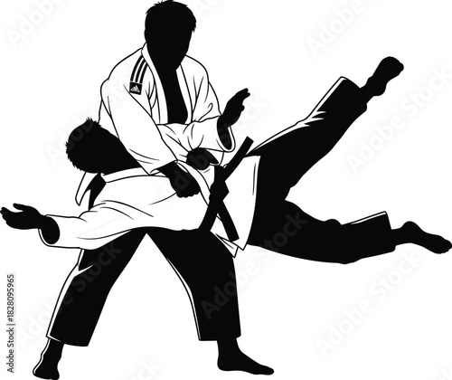 Two judo fighters in action black and white silhouette, judo, martial arts, combat, sport, fighter, grappling, throw, action, dynamic, movement, silhouette, black and white, graphic, illustration, com